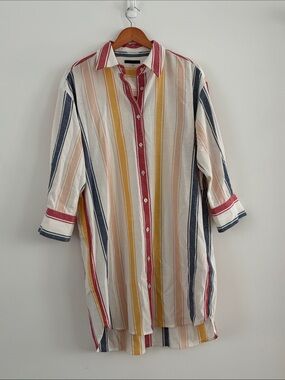 MOTHER Multistripe Long Button-Down Shirt - White, Red, Yellow, Navy